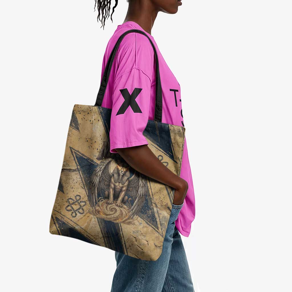 Maahes Ancient Egyptian Tote Bag Geometric Pattern Winged Lion Deity, and Sacred Lotus Motif - African Pride