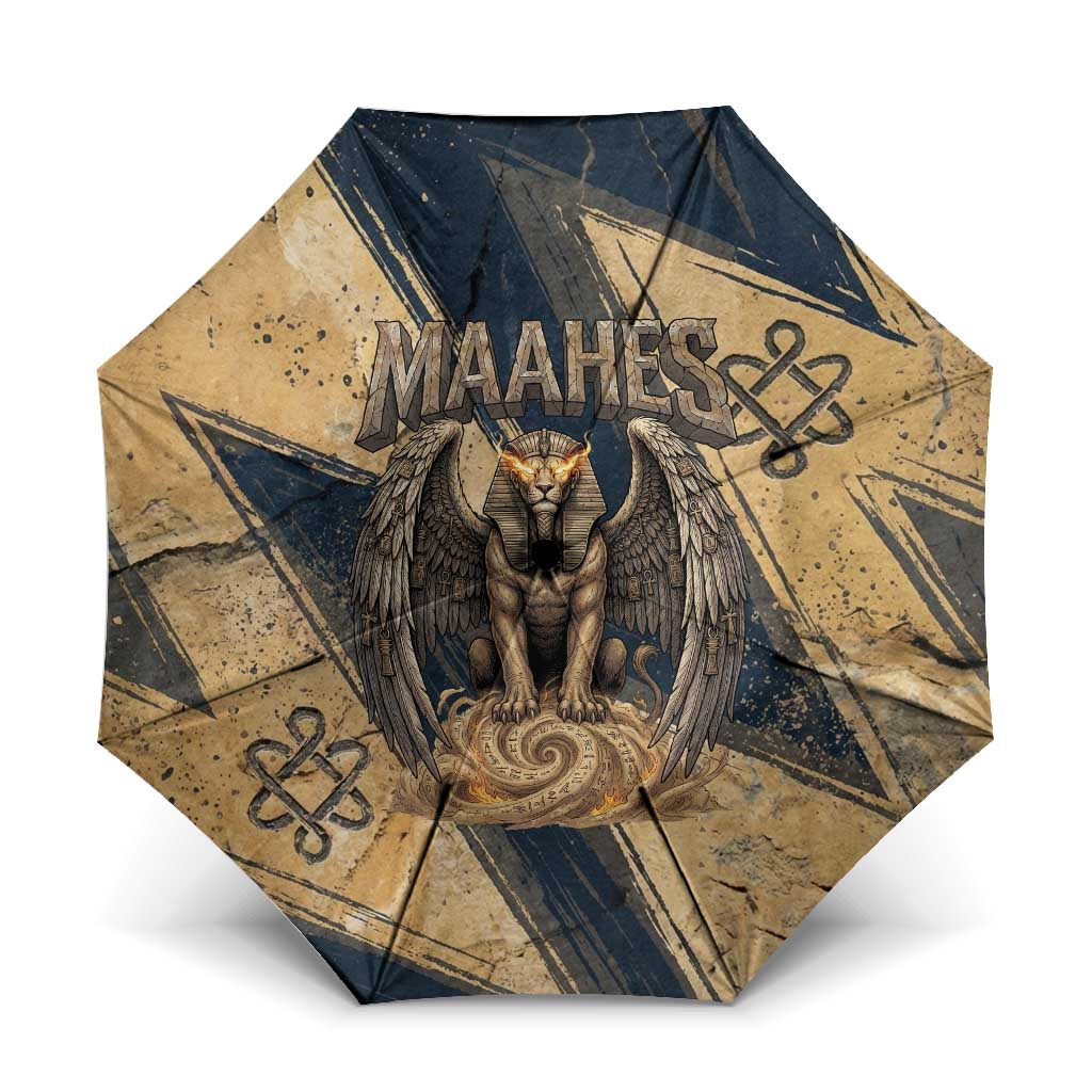 Maahes Ancient Egyptian Umbrella Geometric Pattern Winged Lion Deity, and Sacred Lotus Motif - African Pride
