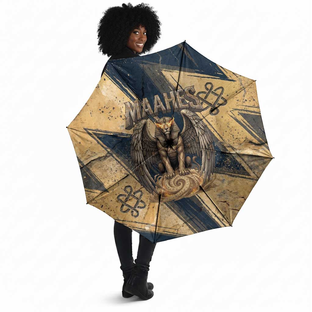 Maahes Ancient Egyptian Umbrella Geometric Pattern Winged Lion Deity, and Sacred Lotus Motif - African Pride