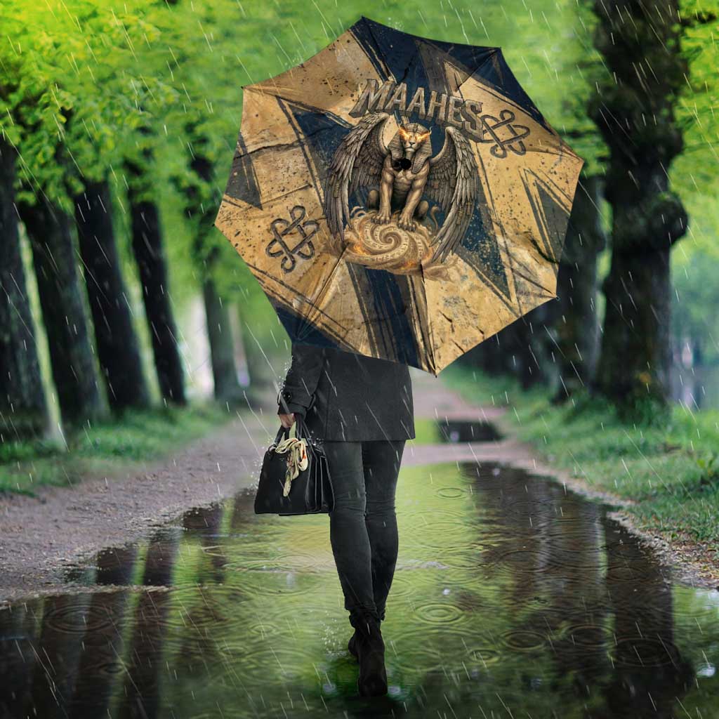Maahes Ancient Egyptian Umbrella Geometric Pattern Winged Lion Deity, and Sacred Lotus Motif - African Pride