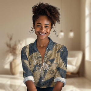 Maahes Ancient Egyptian Women Casual Shirt Geometric Pattern Winged Lion Deity, and Sacred Lotus Motif - African Pride
