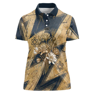 Maahes Ancient Egyptian Women Polo Shirt Geometric Pattern Winged Lion Deity, and Sacred Lotus Motif - African Pride