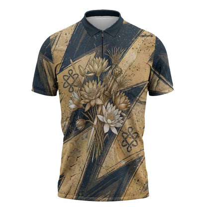 Maahes Ancient Egyptian Zipper Polo Shirt Geometric Pattern Winged Lion Deity, and Sacred Lotus Motif - African Pride
