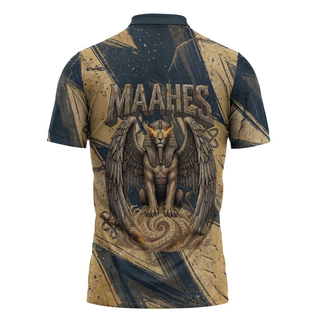 Maahes Ancient Egyptian Zipper Polo Shirt Geometric Pattern Winged Lion Deity, and Sacred Lotus Motif - African Pride
