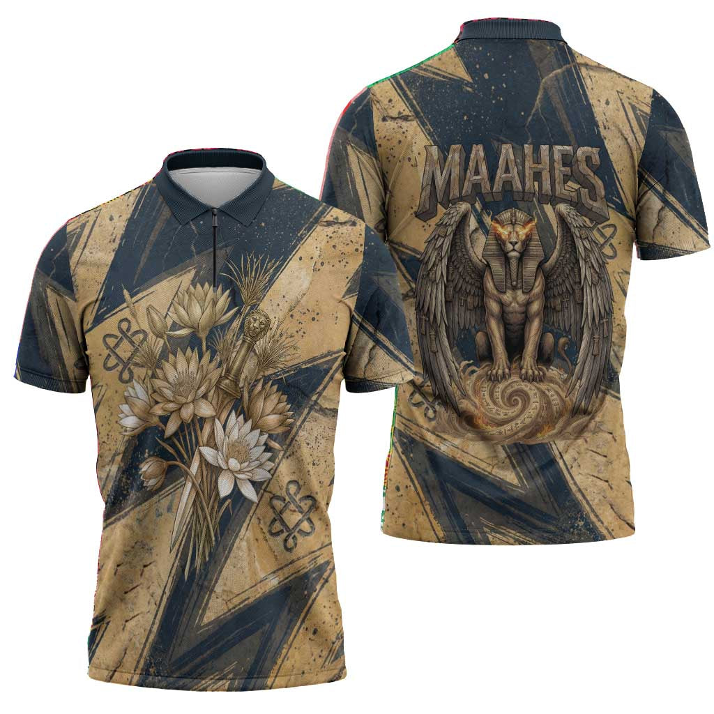 Maahes Ancient Egyptian Zipper Polo Shirt Geometric Pattern Winged Lion Deity, and Sacred Lotus Motif - African Pride