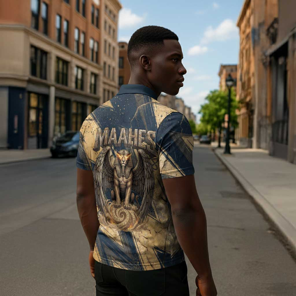 Maahes Ancient Egyptian Zipper Polo Shirt Geometric Pattern Winged Lion Deity, and Sacred Lotus Motif - African Pride