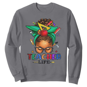 Black Teacher Life Sweatshirt Messy Bun African American Educate