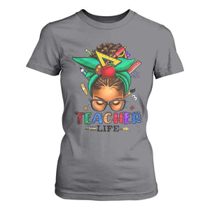 Black Teacher Life T Shirt For Women Messy Bun African American Educate