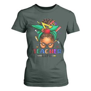 Black Teacher Life T Shirt For Women Messy Bun African American Educate