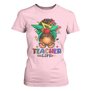 Black Teacher Life T Shirt For Women Messy Bun African American Educate