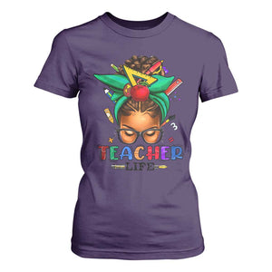 Black Teacher Life T Shirt For Women Messy Bun African American Educate