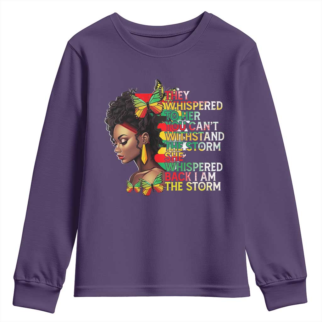 African Women Black History Month Youth Long Sleeve Shirt She Whispered Back I Am The Storm