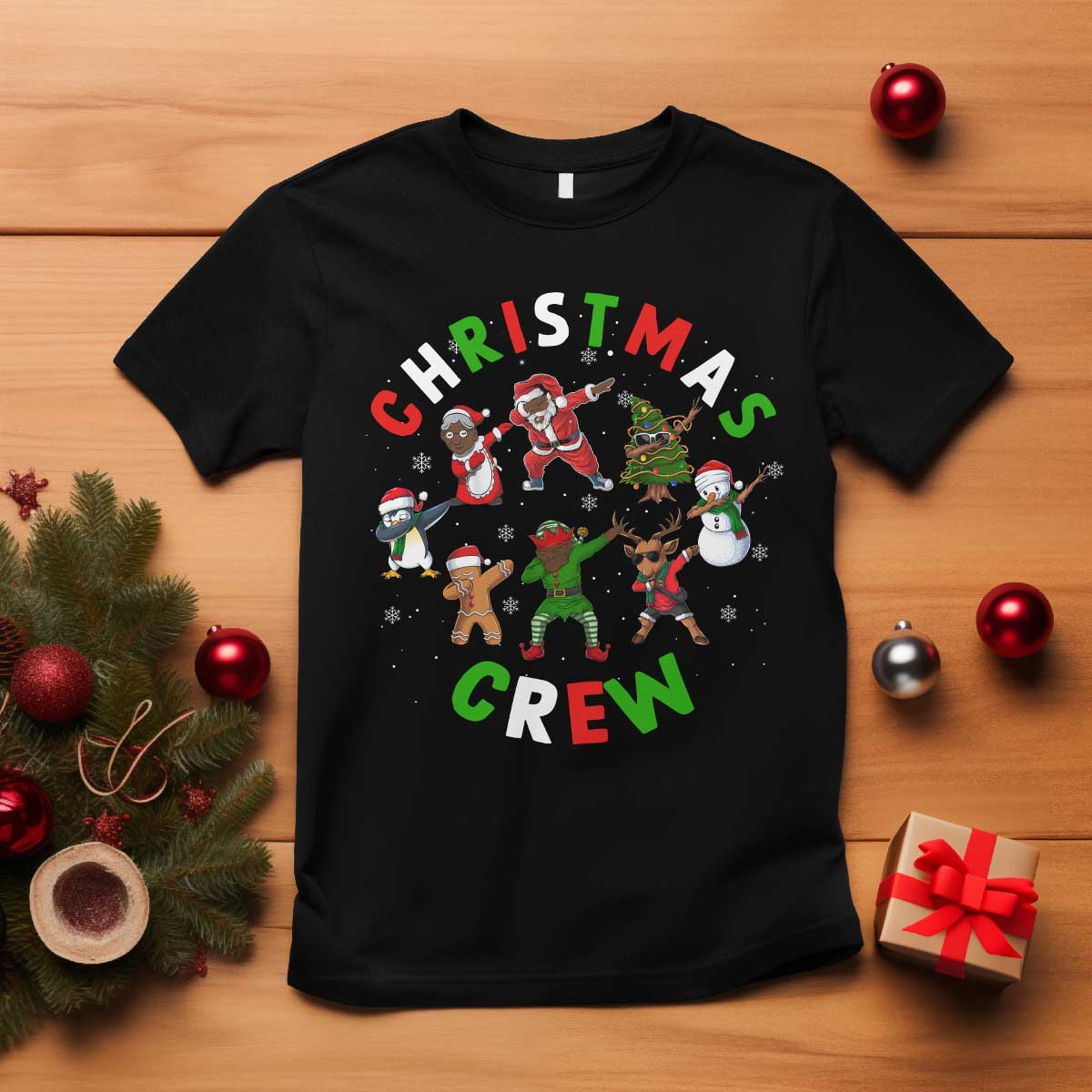 Christmas Crew T Shirt Black African American Santa Reindeer Snowman Dabbing
