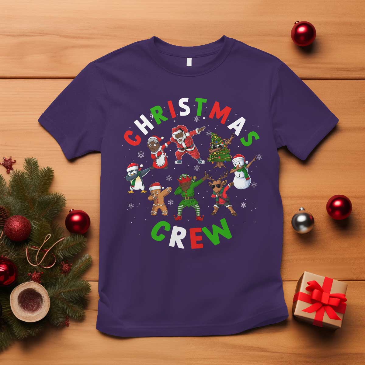 Christmas Crew T Shirt Black African American Santa Reindeer Snowman Dabbing