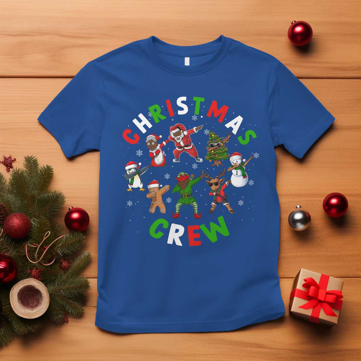 Christmas Crew T Shirt Black African American Santa Reindeer Snowman Dabbing