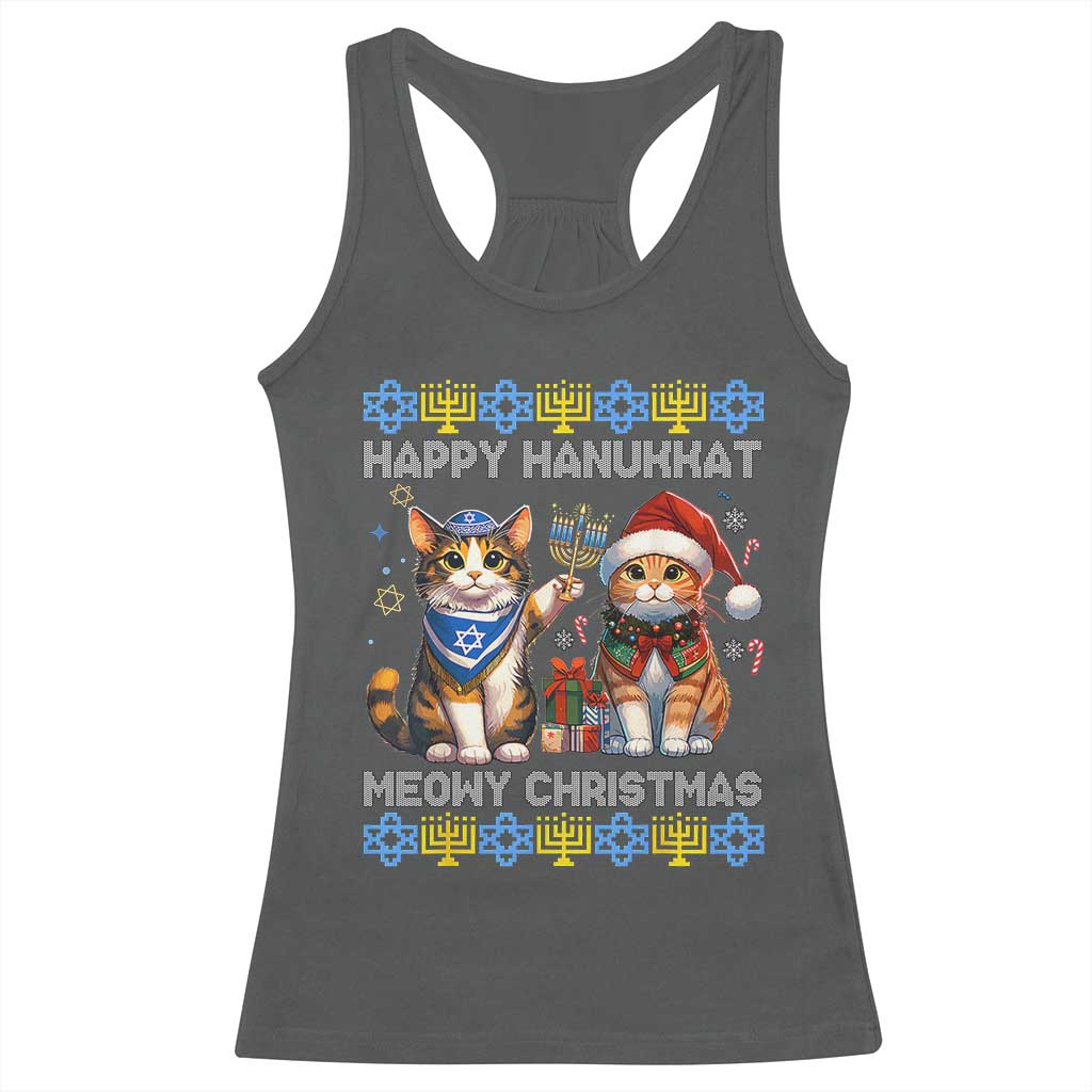 Cat Merry Christmas Happy Hanukkah Racerback Tank Top Jewish Christian Ugly Hanukkah - African Pride