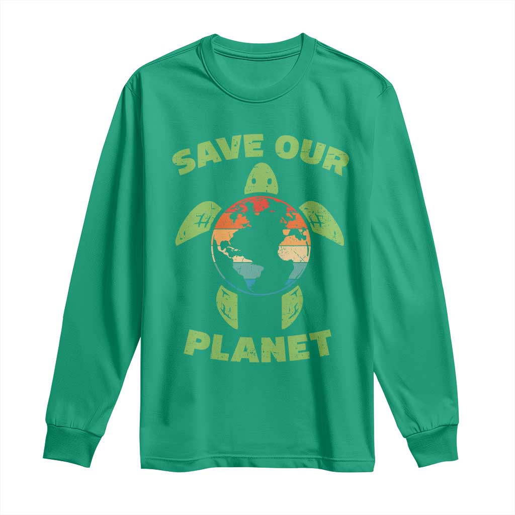 Retro Earth Day Long Sleeve Shirt Save Our Planet Sea Turtle Recycle Ocean Environment