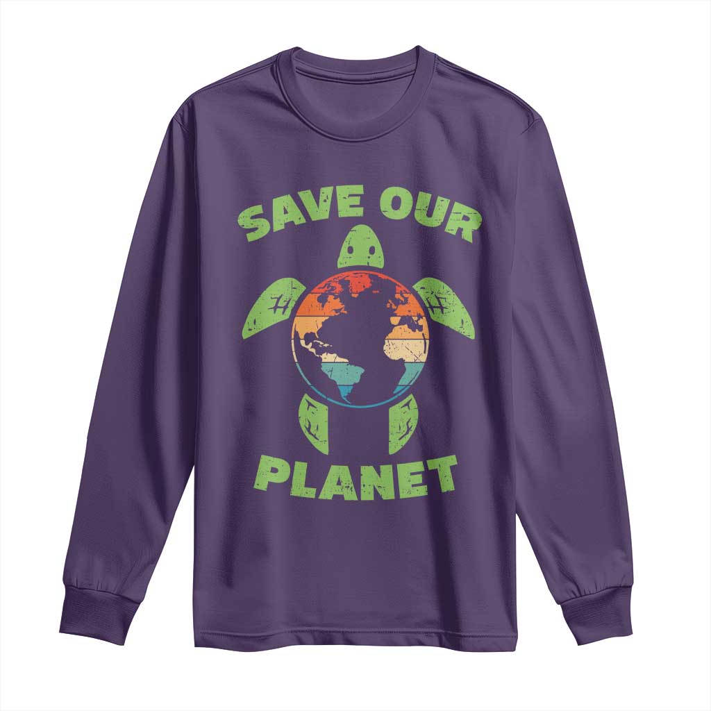 Retro Earth Day Long Sleeve Shirt Save Our Planet Sea Turtle Recycle Ocean Environment