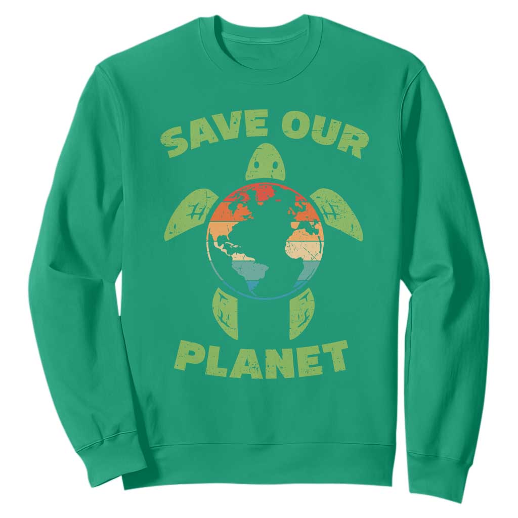 Retro Earth Day Sweatshirt Save Our Planet Sea Turtle Recycle Ocean Environment