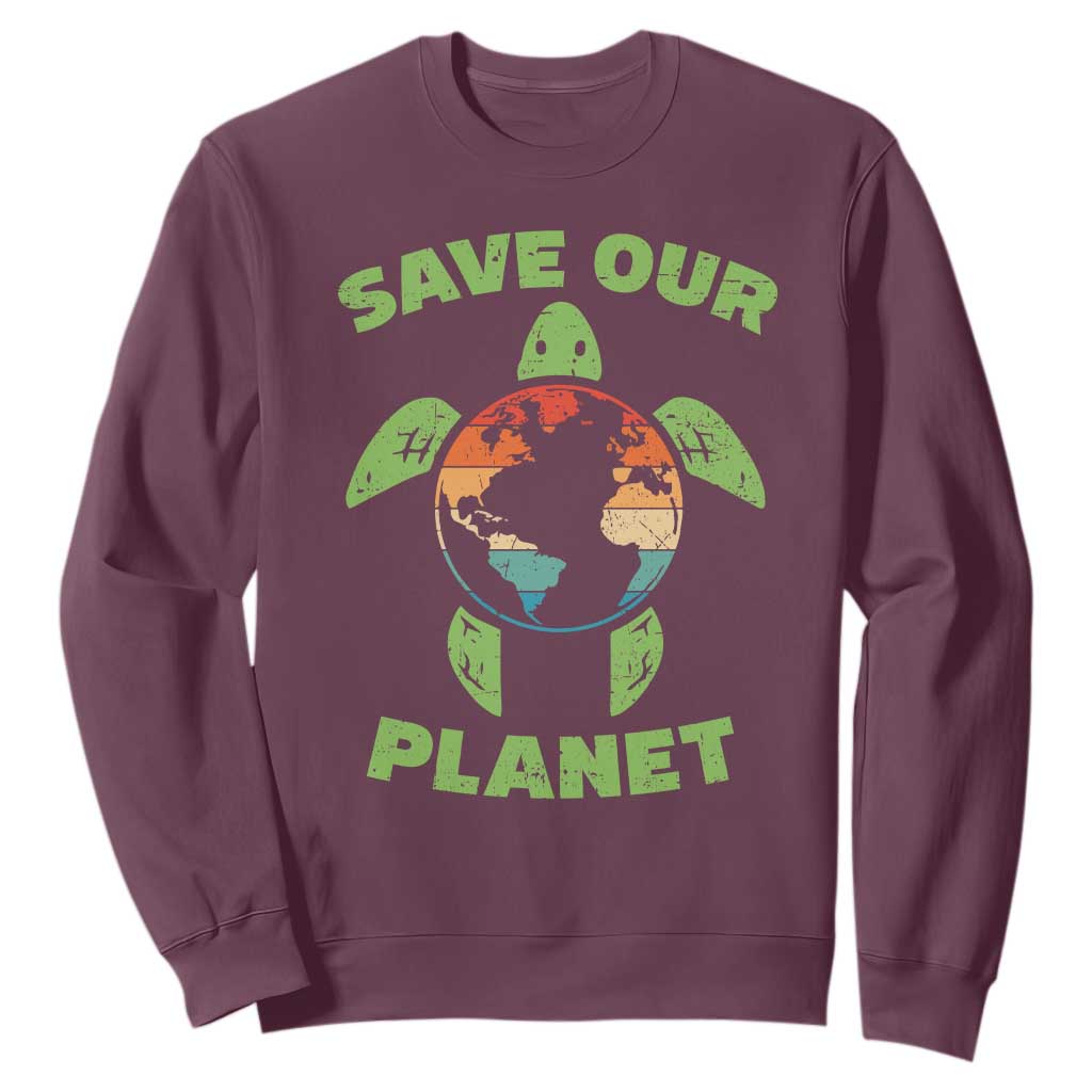 Retro Earth Day Sweatshirt Save Our Planet Sea Turtle Recycle Ocean Environment