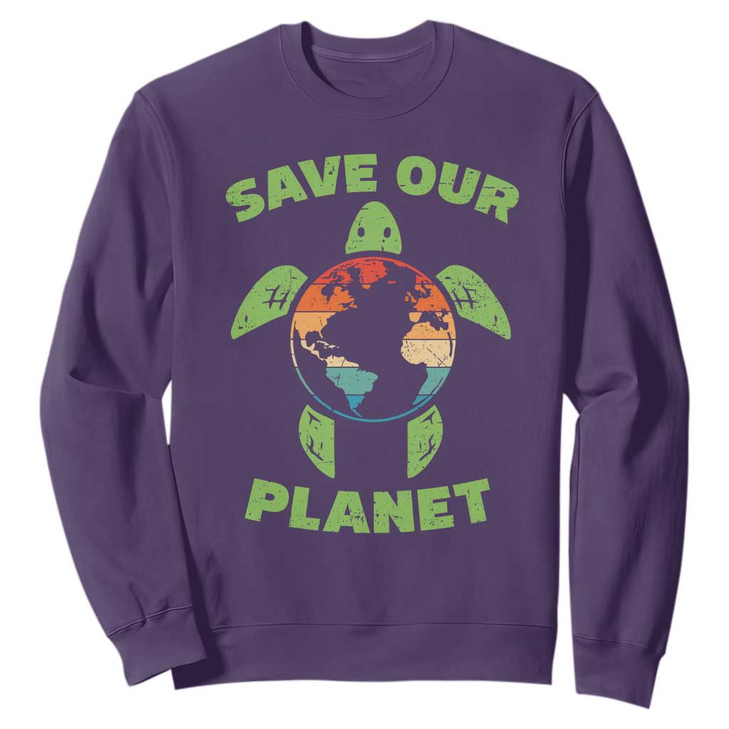 Retro Earth Day Sweatshirt Save Our Planet Sea Turtle Recycle Ocean Environment