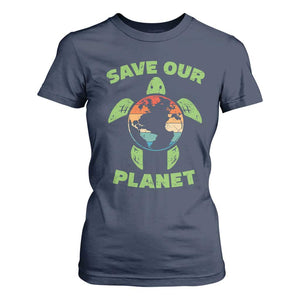 Retro Earth Day T Shirt For Women Save Our Planet Sea Turtle Recycle Ocean Environment
