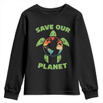 Retro Earth Day Youth Sweatshirt Save Our Planet Sea Turtle Recycle Ocean Environment