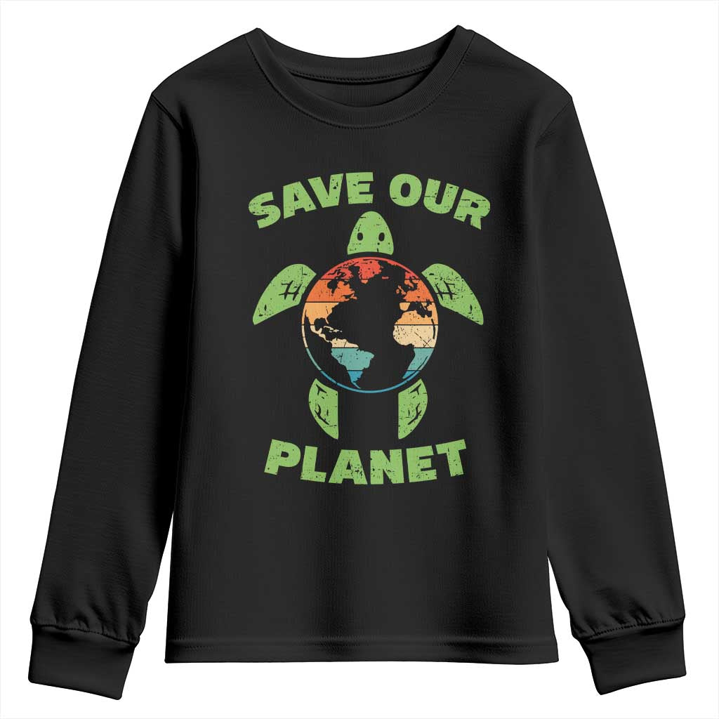 Retro Earth Day Youth Sweatshirt Save Our Planet Sea Turtle Recycle Ocean Environment