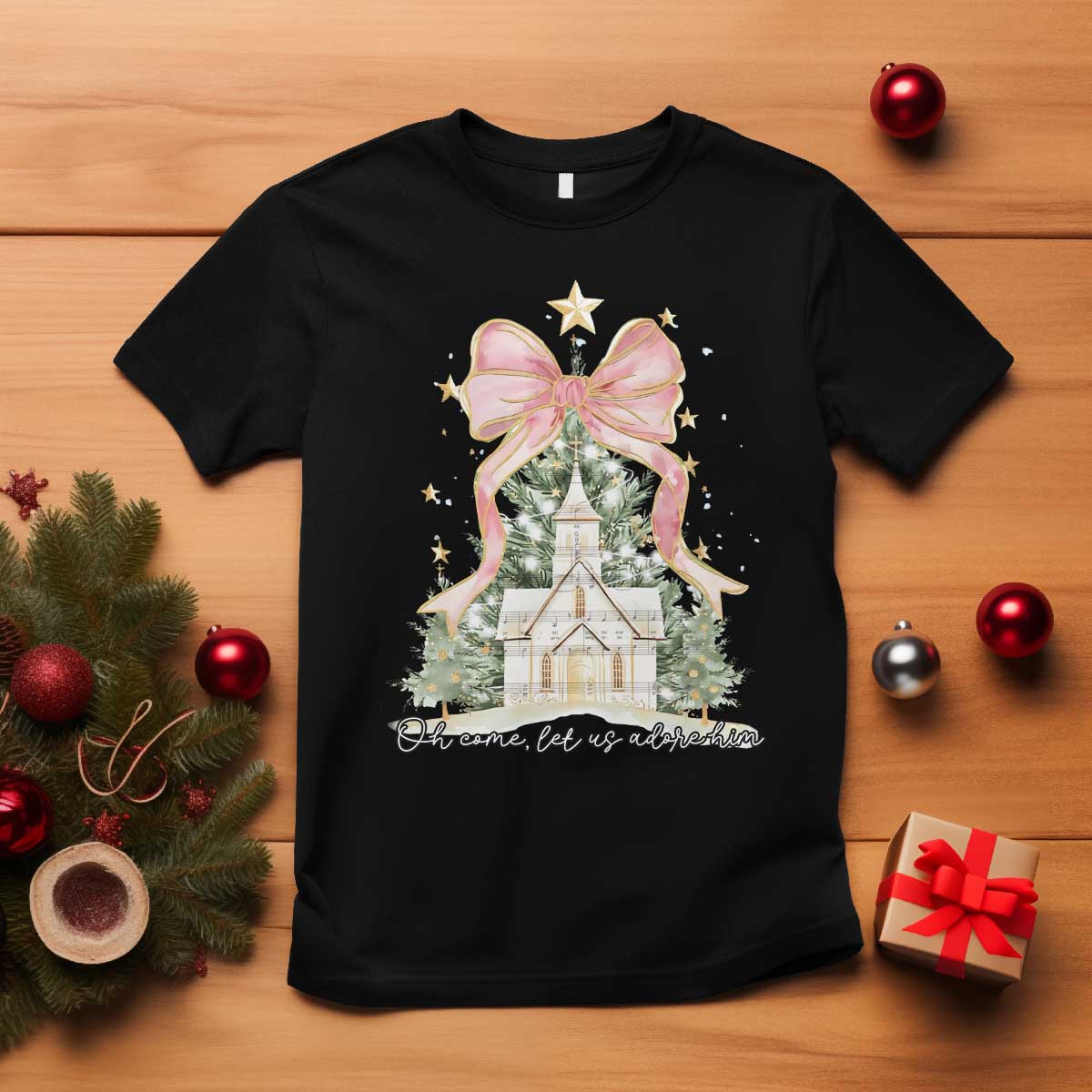 Christian Christmas T Shirt Oh Come Let Us Adore Him Nativity Christmas Tree Bow - African Pride