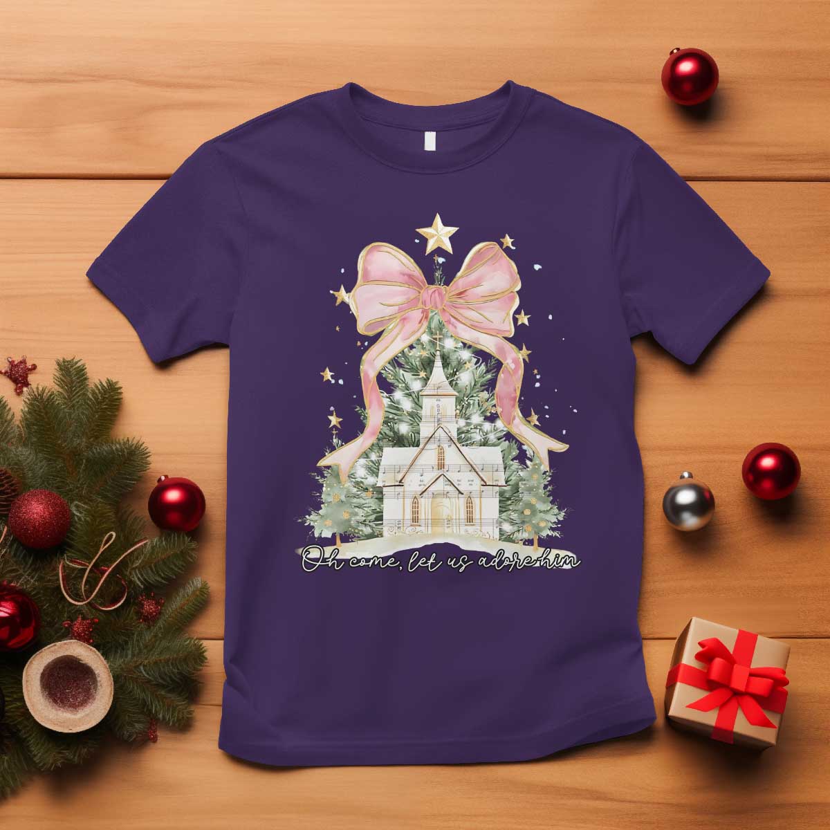 Christian Christmas T Shirt Oh Come Let Us Adore Him Nativity Christmas Tree Bow - African Pride