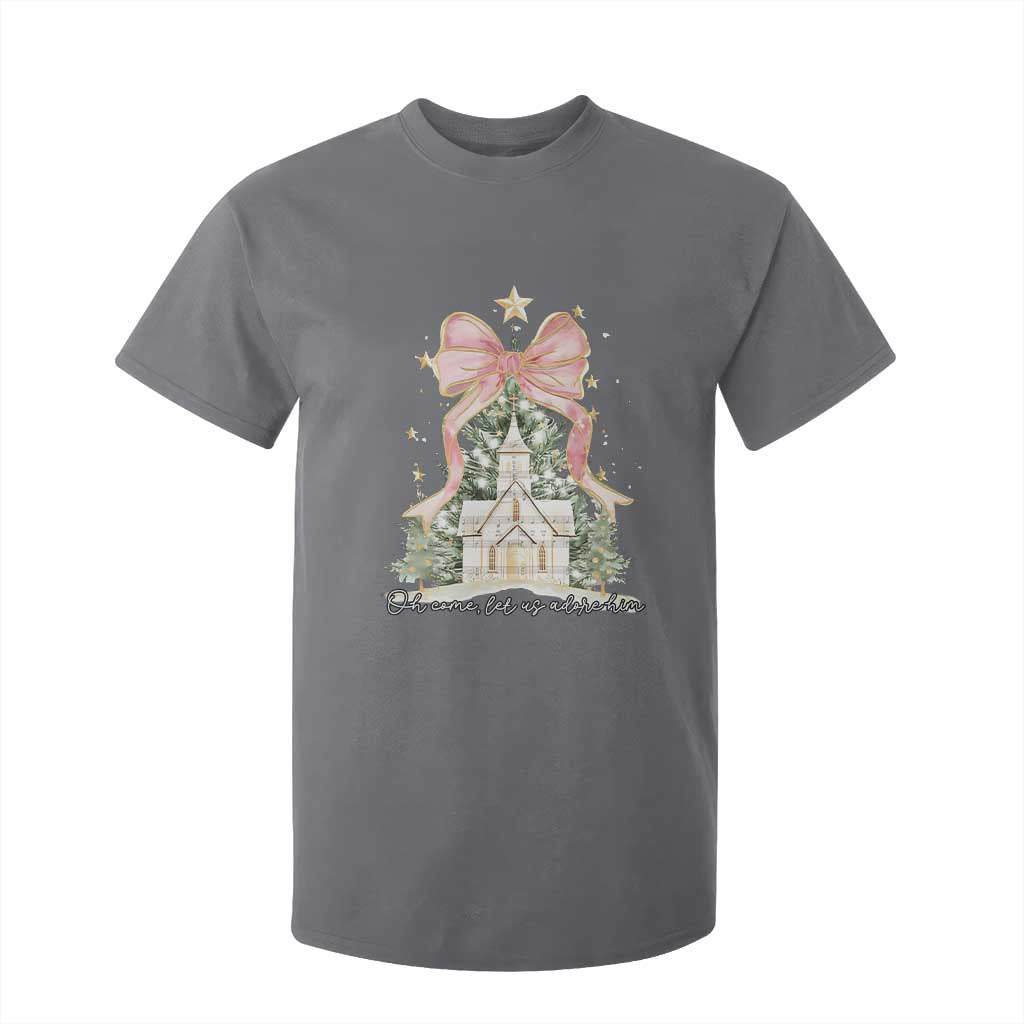 Christian Christmas T Shirt For Kid Oh Come Let Us Adore Him Nativity Christmas Tree Bow - African Pride