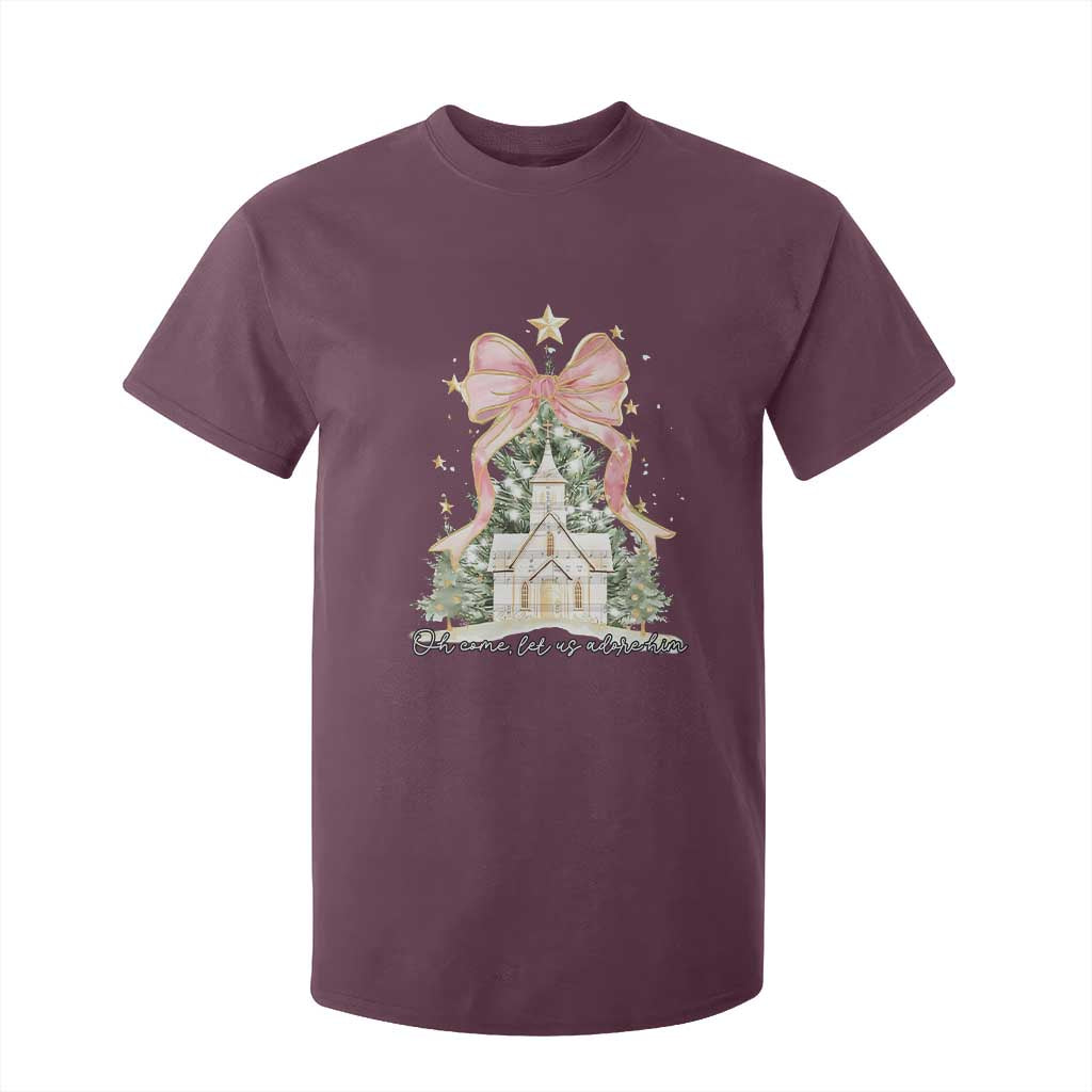 Christian Christmas T Shirt For Kid Oh Come Let Us Adore Him Nativity Christmas Tree Bow - African Pride