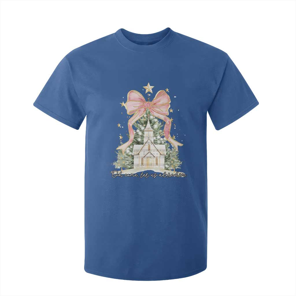 Christian Christmas T Shirt For Kid Oh Come Let Us Adore Him Nativity Christmas Tree Bow - African Pride