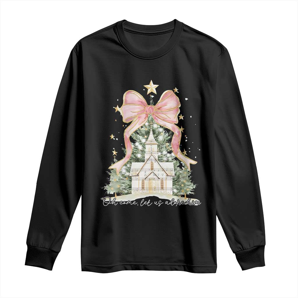 Christian Christmas Long Sleeve Shirt Oh Come Let Us Adore Him Nativity Christmas Tree Bow - African Pride