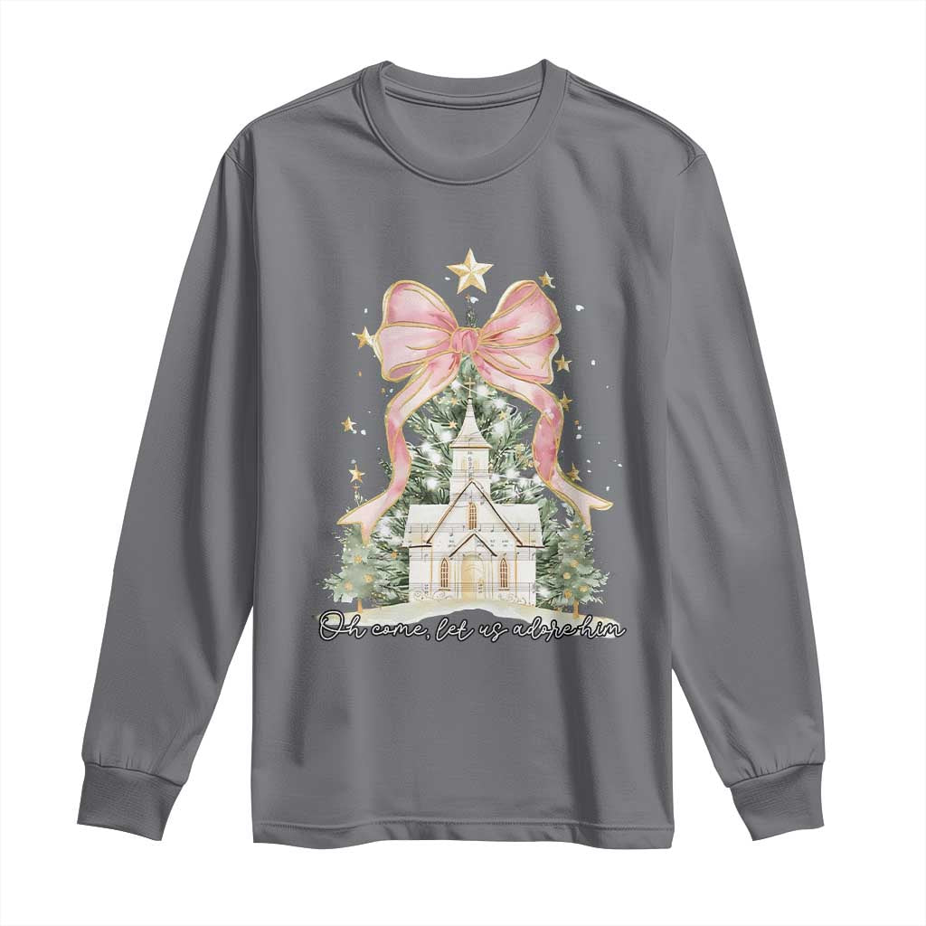 Christian Christmas Long Sleeve Shirt Oh Come Let Us Adore Him Nativity Christmas Tree Bow - African Pride