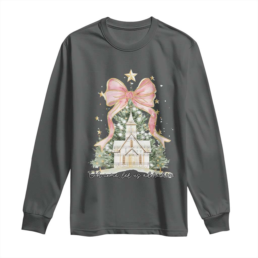 Christian Christmas Long Sleeve Shirt Oh Come Let Us Adore Him Nativity Christmas Tree Bow - African Pride