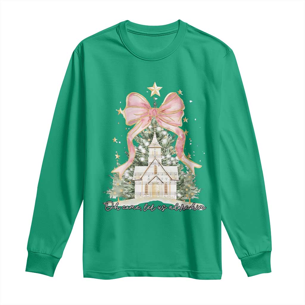 Christian Christmas Long Sleeve Shirt Oh Come Let Us Adore Him Nativity Christmas Tree Bow - African Pride