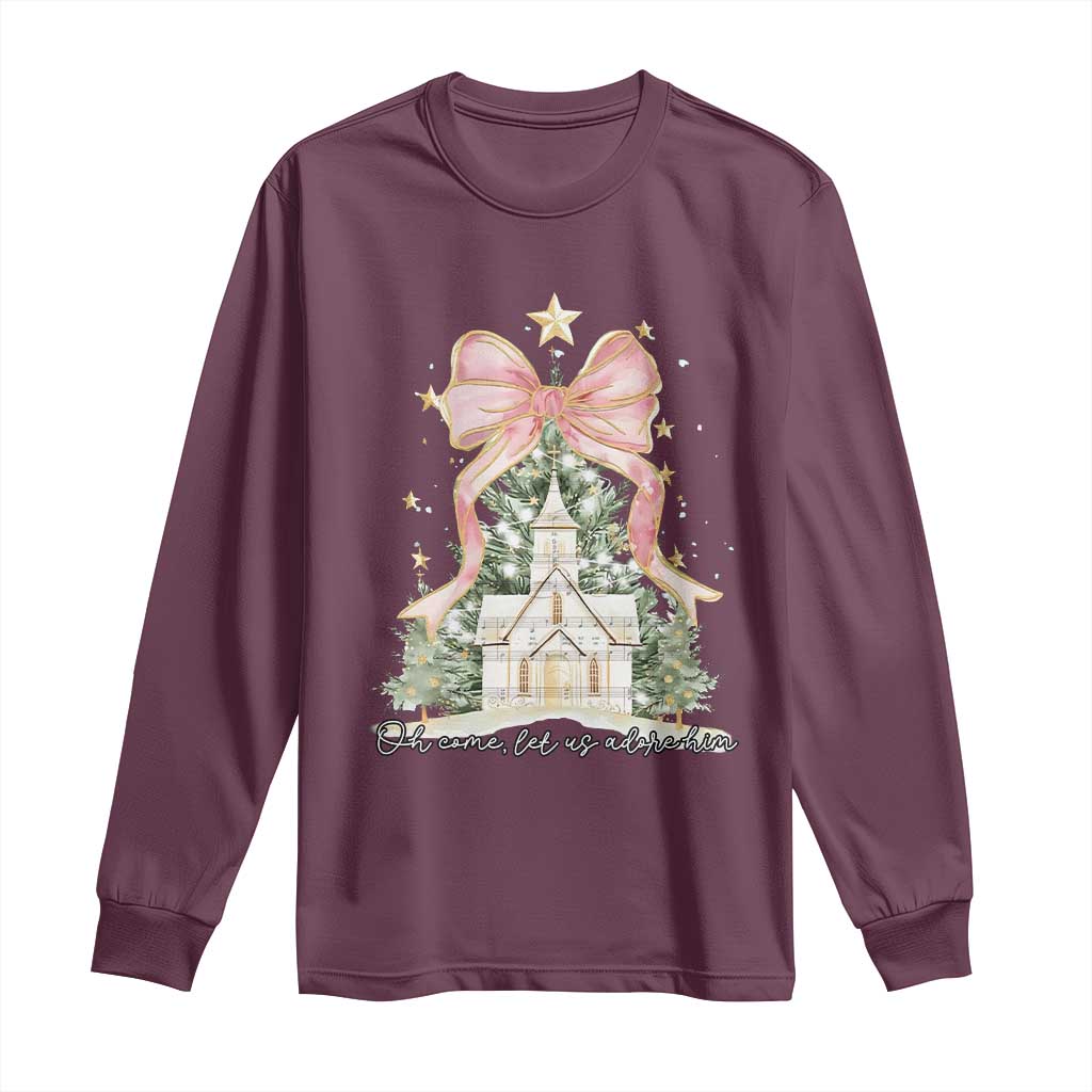 Christian Christmas Long Sleeve Shirt Oh Come Let Us Adore Him Nativity Christmas Tree Bow - African Pride