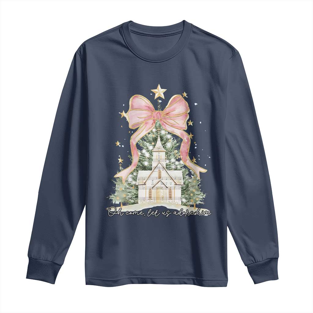 Christian Christmas Long Sleeve Shirt Oh Come Let Us Adore Him Nativity Christmas Tree Bow - African Pride