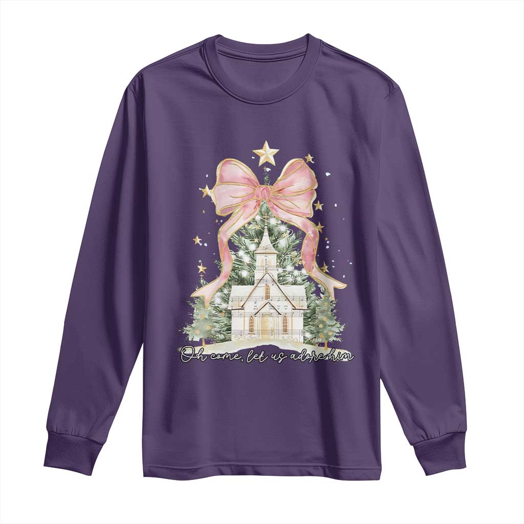 Christian Christmas Long Sleeve Shirt Oh Come Let Us Adore Him Nativity Christmas Tree Bow - African Pride