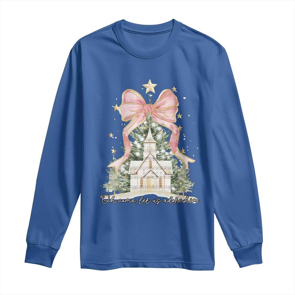 Christian Christmas Long Sleeve Shirt Oh Come Let Us Adore Him Nativity Christmas Tree Bow - African Pride