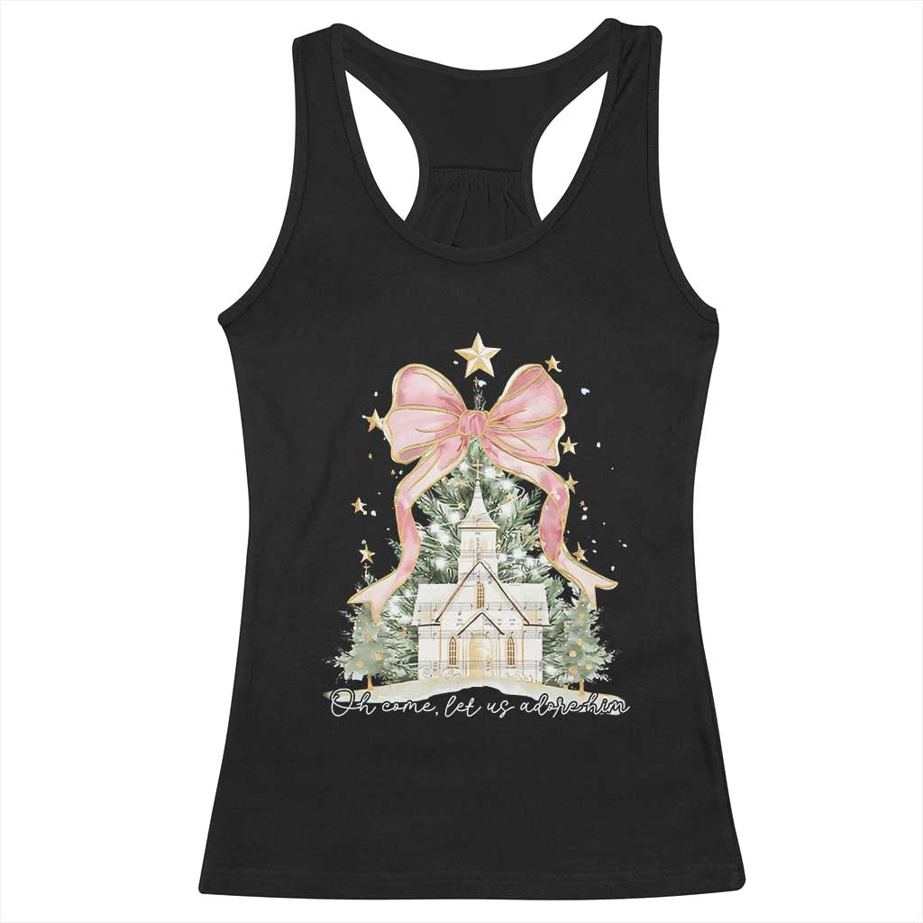 Christian Christmas Racerback Tank Top Oh Come Let Us Adore Him Nativity Christmas Tree Bow - African Pride