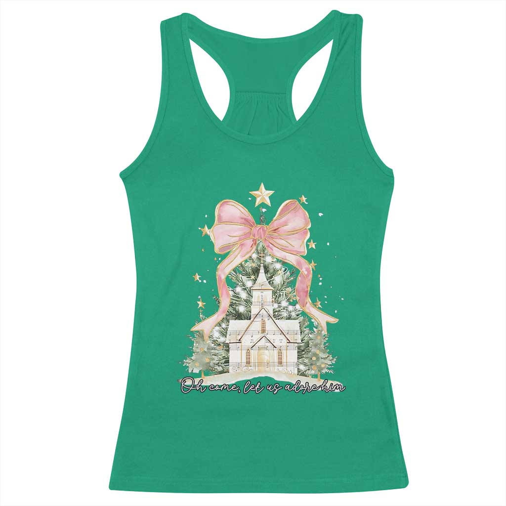 Christian Christmas Racerback Tank Top Oh Come Let Us Adore Him Nativity Christmas Tree Bow - African Pride