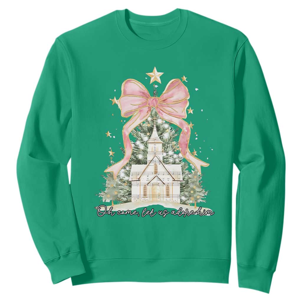 Christian Christmas Sweatshirt Oh Come Let Us Adore Him Nativity Christmas Tree Bow - African Pride