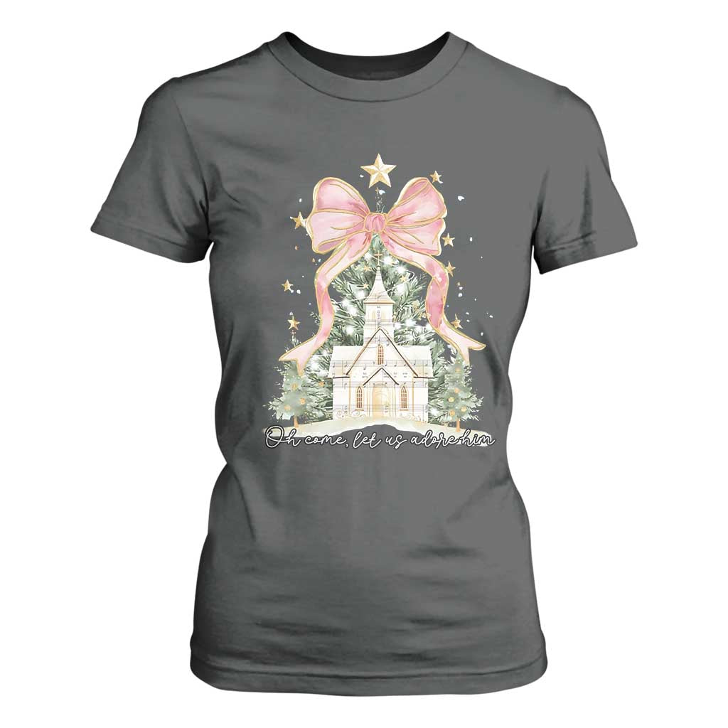 Christian Christmas T Shirt For Women Oh Come Let Us Adore Him Nativity Christmas Tree Bow - African Pride