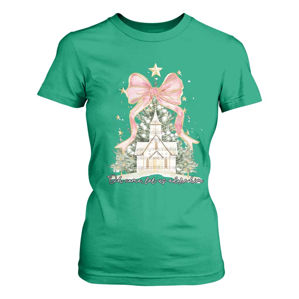 Christian Christmas T Shirt For Women Oh Come Let Us Adore Him Nativity Christmas Tree Bow - African Pride