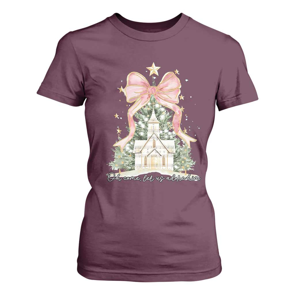 Christian Christmas T Shirt For Women Oh Come Let Us Adore Him Nativity Christmas Tree Bow - African Pride