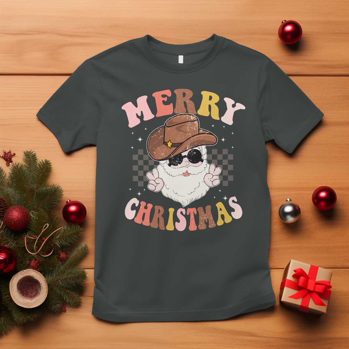 Christmas Cowboy T Shirt Vintage 90s Western Groovy Santa Claus Xmas Vibes - African Pride