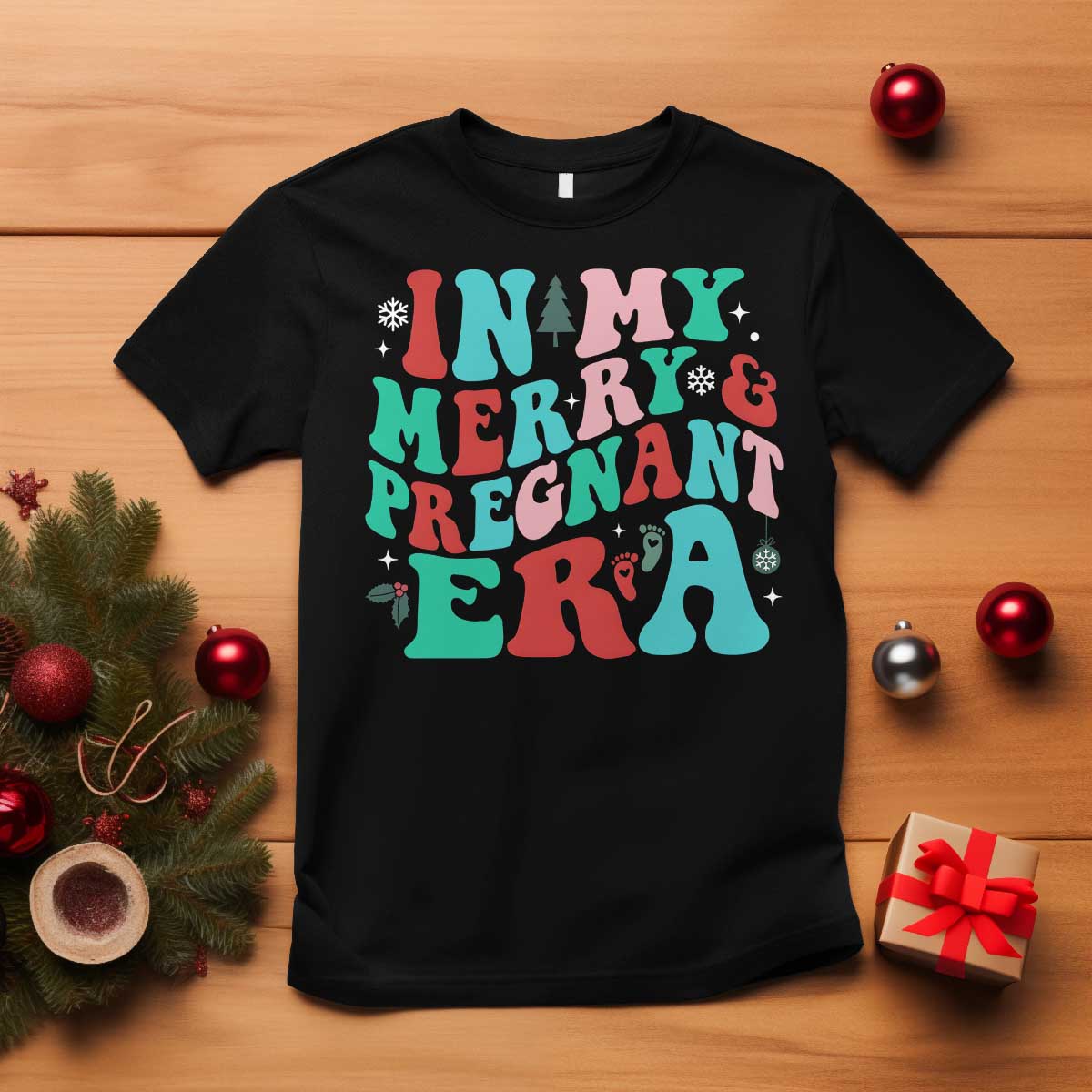 Christmas Pregnancy Announcement T Shirt Merry & Pregnant Era Cute Groovy Christmas Holiday Xmas - African Pride