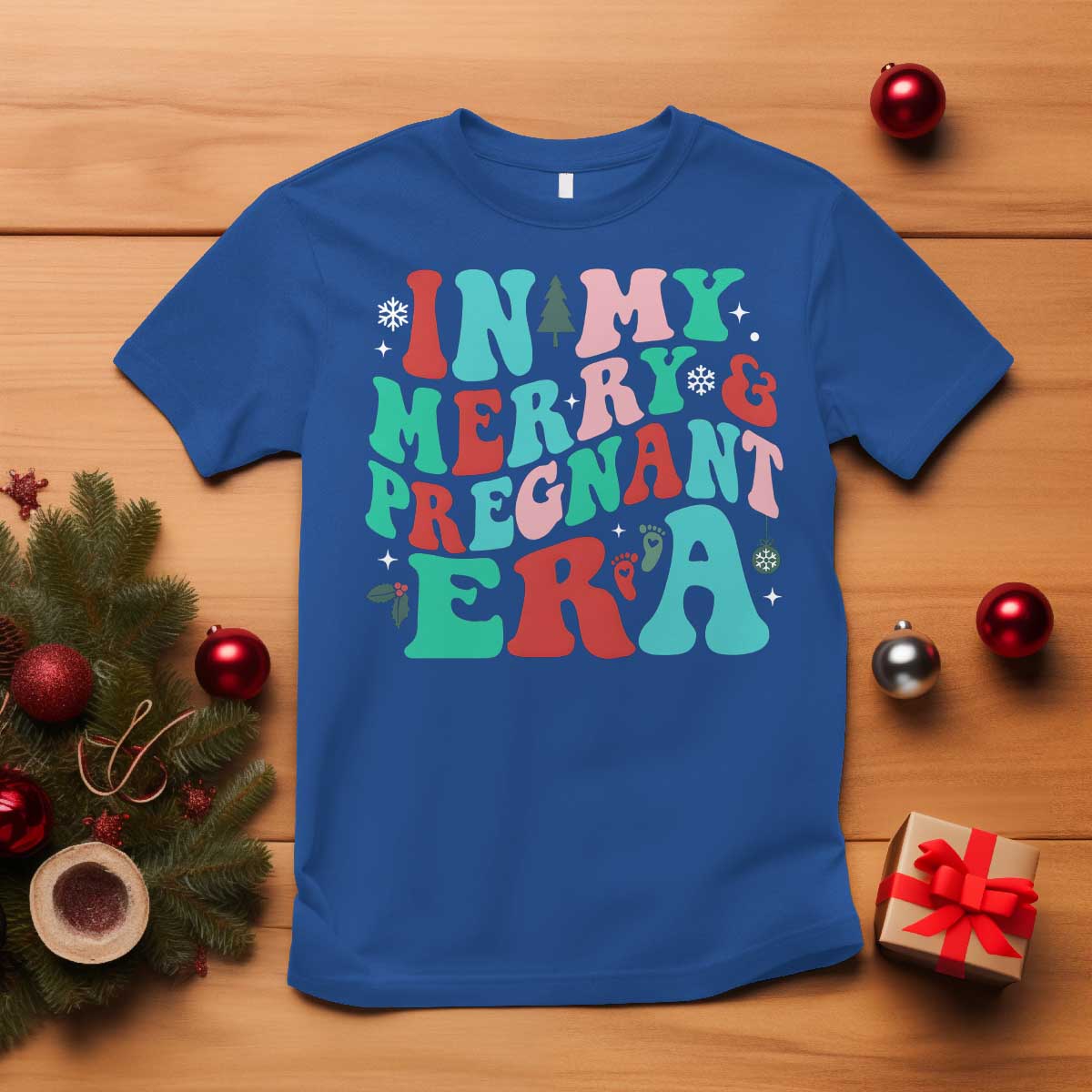 Christmas Pregnancy Announcement T Shirt Merry & Pregnant Era Cute Groovy Christmas Holiday Xmas - African Pride